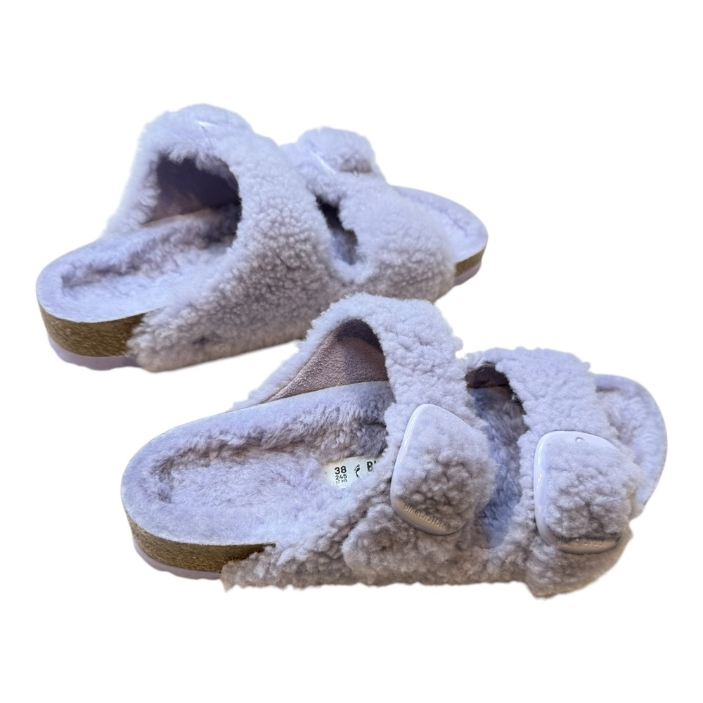 BIRKENSTOCK Arizona Teddy Sandals Shearling Fur Lilac Purple  38 NEW NEVER WORN